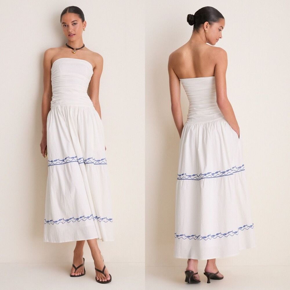 Line & Dot White and Blue Oia Midi Dress Size Large $184